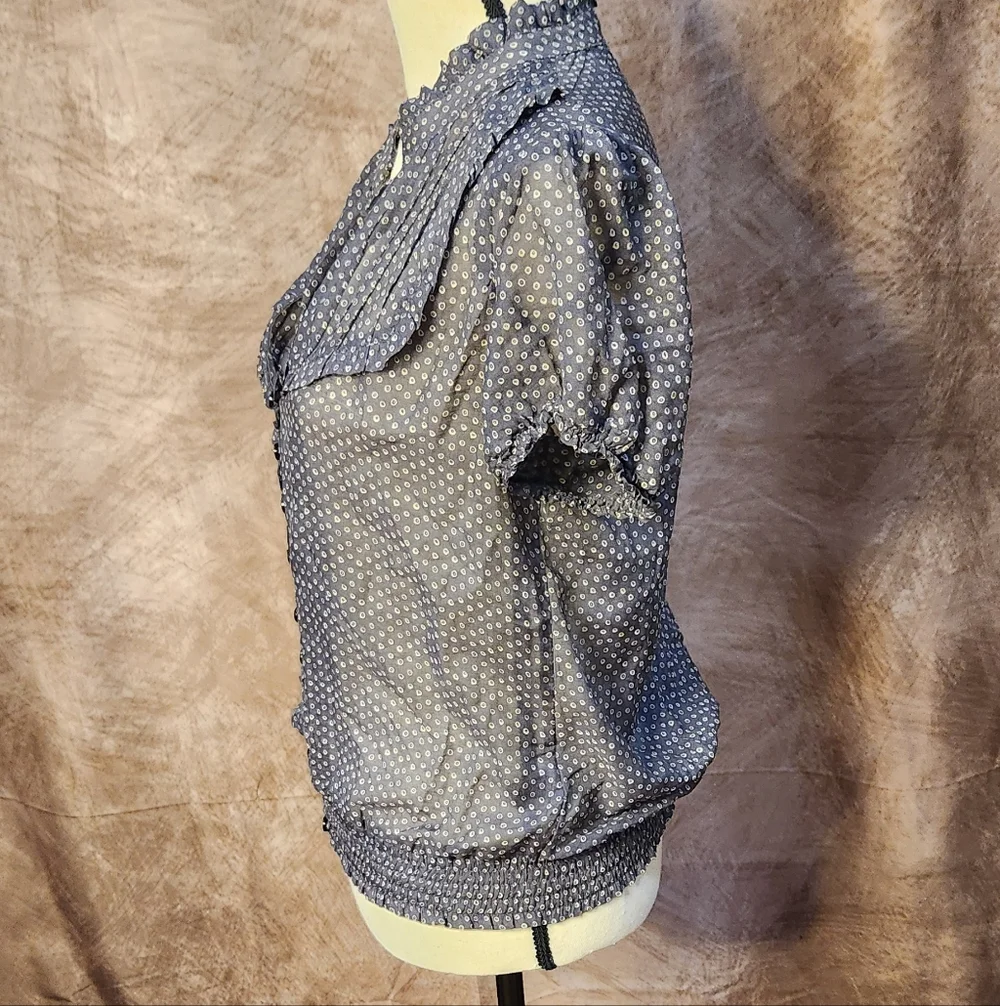 Twenty One Gray Printed Ruffle Blouse – Button Front Sheer Detail Top – Size L
